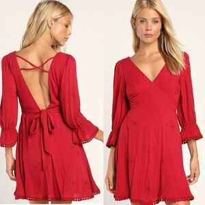 EUC Lulu’s In the Meadow Red Embroidered Backless Mini Dress Extra Large Party